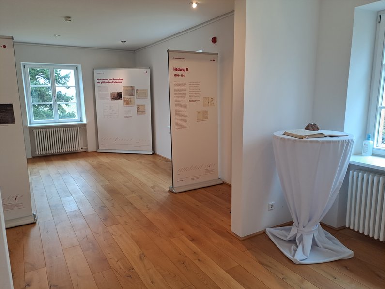 Ein Teil der Ausstellung mit Stehtisch und Schautafeln.